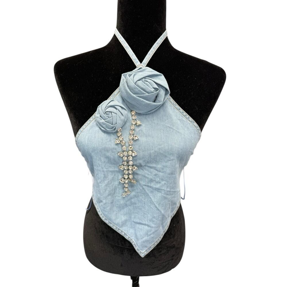 AREA Floral Appliqué Denim Halter Top Super Light Blue Medium 100% Cotton - Picture 6 of 12